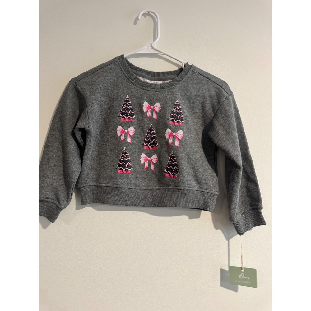 Owillo‎ Christmas Tree Bow Sweatshirt Girls XS Gray Pink Rhinestone Embellished